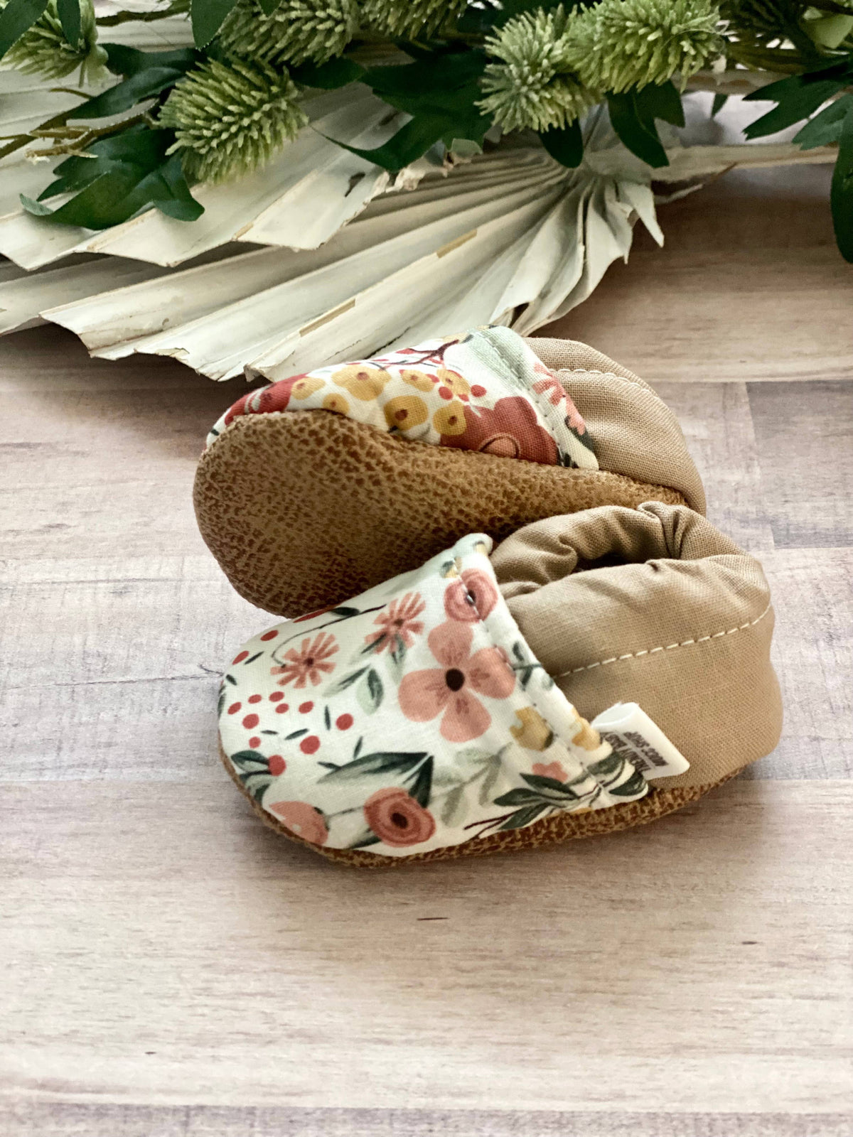 White Spring Floral with Tan Baby Shoes