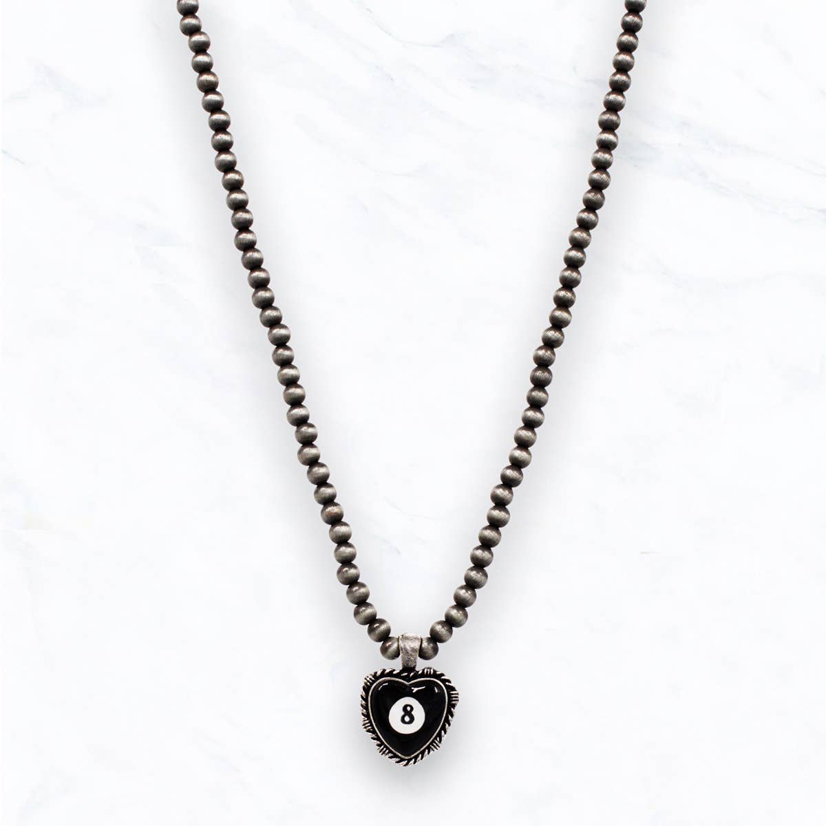 8-Ball Heart Pendant Necklace with Silver Beads