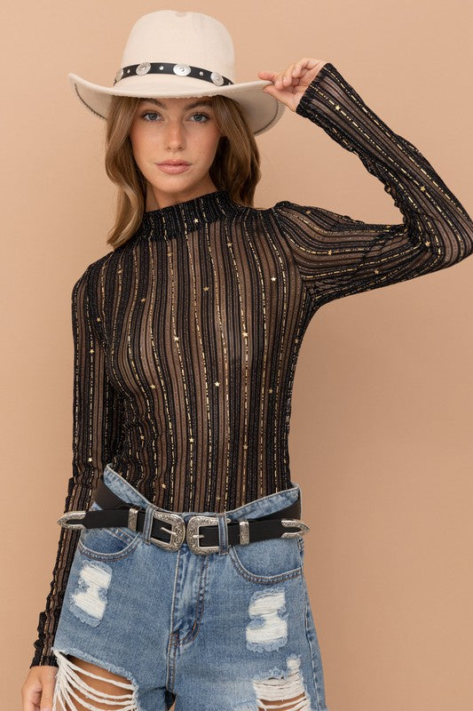 Take Me Out Star Stripe Mesh Mock Neck  Top