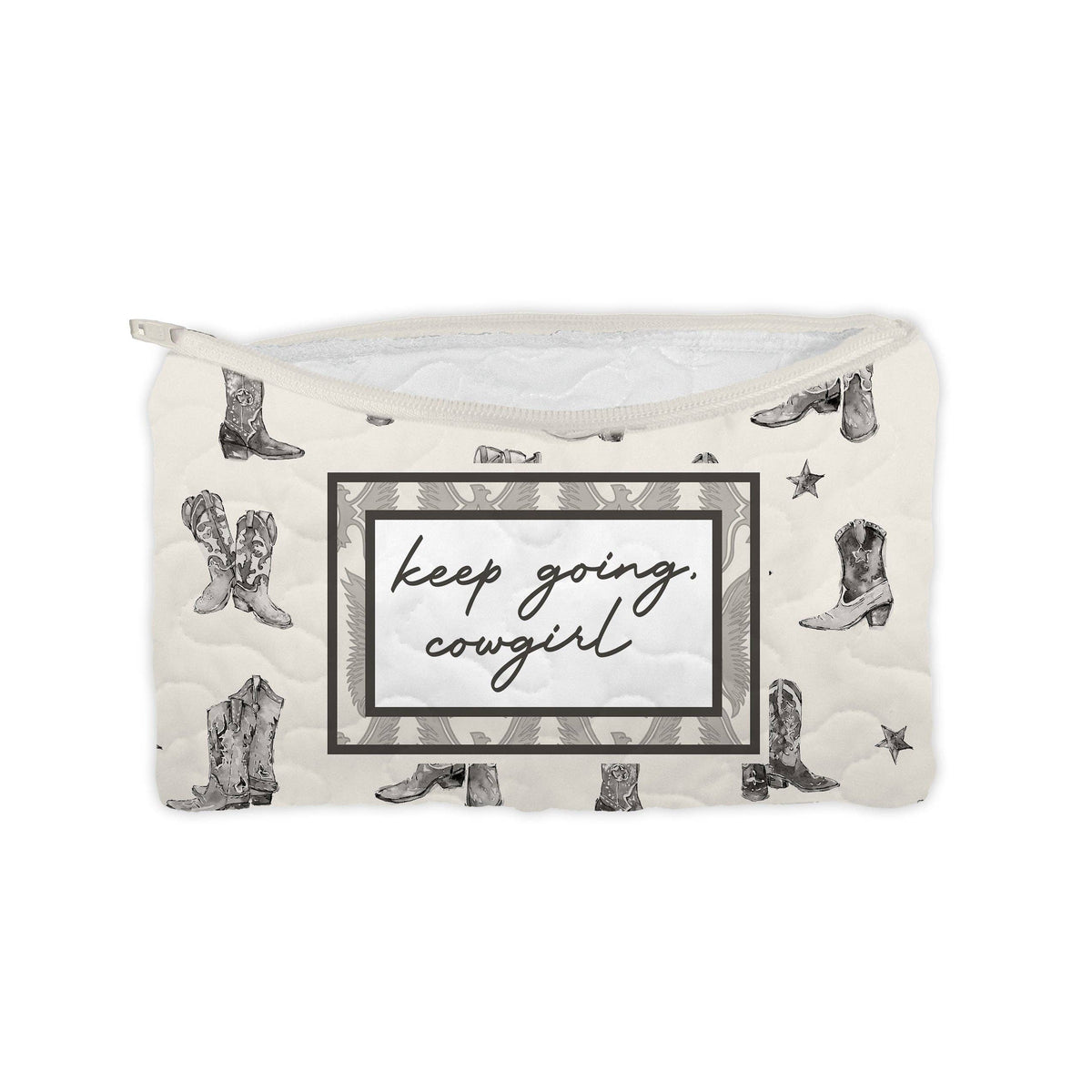 "Keep Going Cowgirl" Linen / Black Quilted Makeup Bag