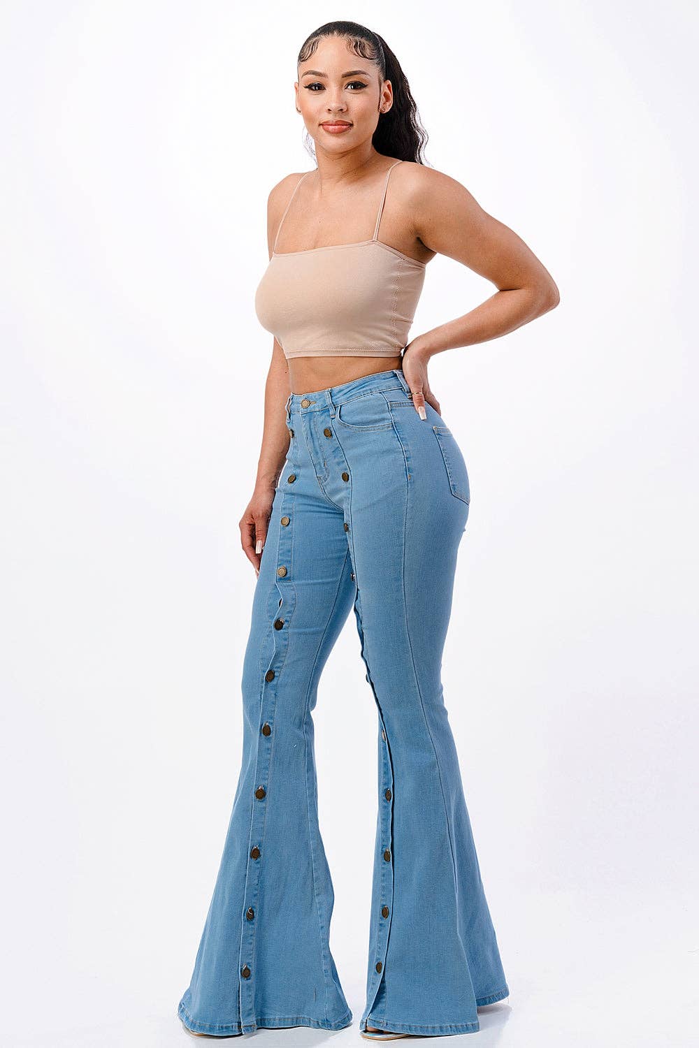 Button Front Flare Denim Jeans