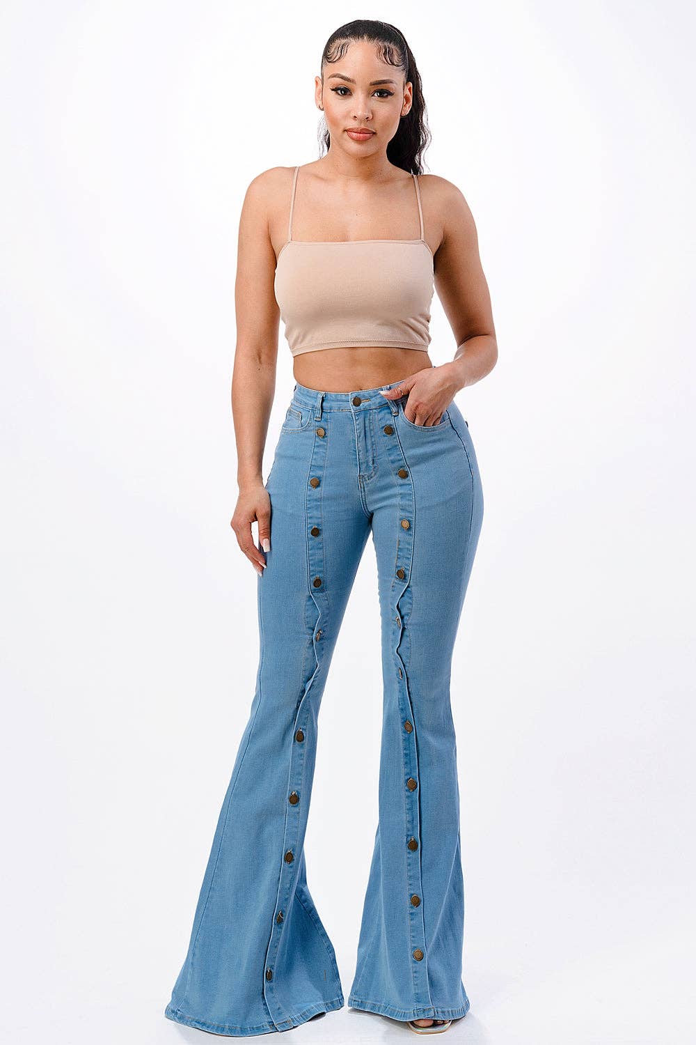 Button Front Flare Denim Jeans