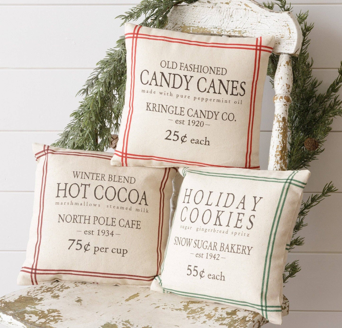 Grain Sack Pillows - Hot Cocoa, Candy Canes, Cookies