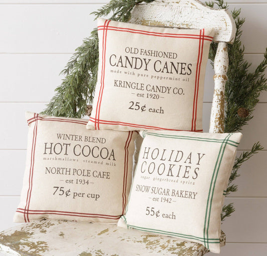 Grain Sack Pillows - Hot Cocoa, Candy Canes, Cookies